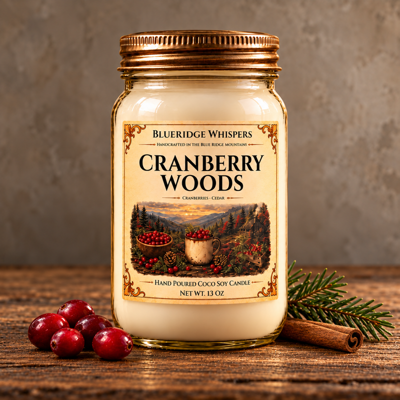Cranberry Woods – Spiced Berry Coco-Soy Candle on weathered wood against a neutral plaster wall with small scent accents.