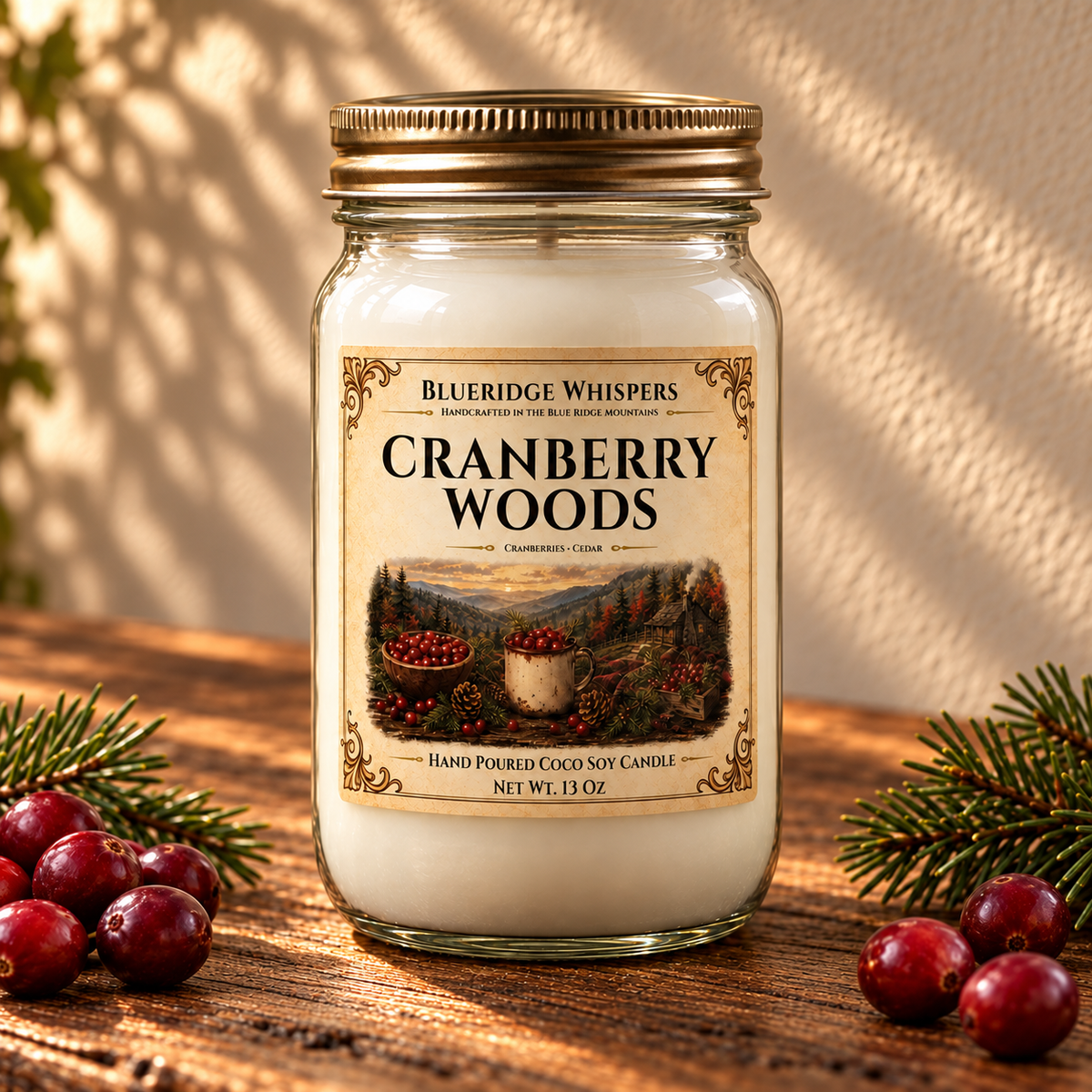 Cranberry Woods – Spiced Berry Coco-Soy Candle on a dark rustic wooden table with scent accents in warm natural light.