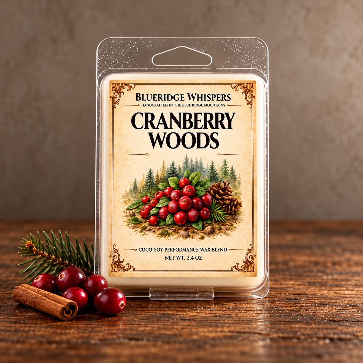 Cranberry Woods Soy Wax Melts on weathered wood against a neutral plaster wall with scent accents.
