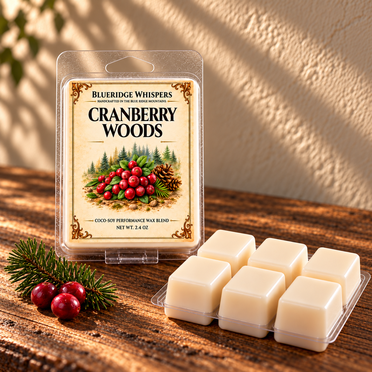 Cranberry Woods Soy Wax Melts on a dark rustic wooden table with scent accents in warm natural light.