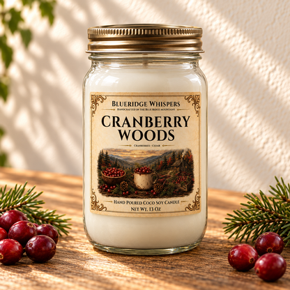 Cranberry Woods – Spiced Berry Coco-Soy Candle in a tall gold-lidded mason jar on sunlit wood with scent accents.