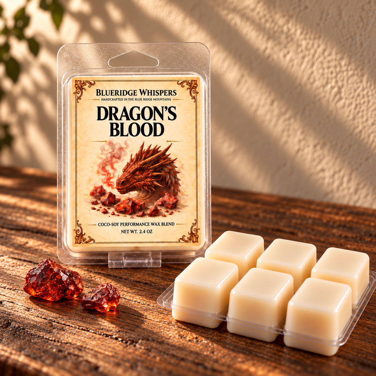 Dragons Blood on a dark rustic wooden table with scent accents in warm natural light.