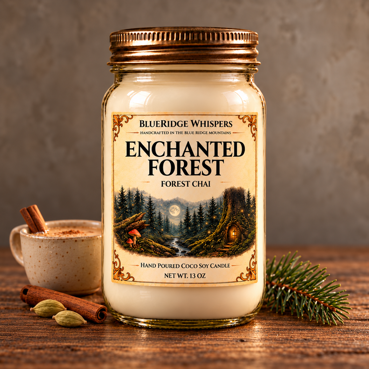 Enchanted Forest – Forest Chai Coco-Soy Candle on weathered wood against a neutral plaster wall with small scent accents.