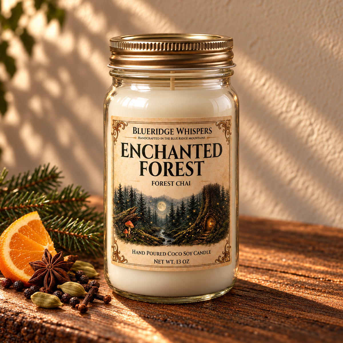 Enchanted Forest – Forest Chai Coco-Soy Candle on a dark rustic wooden table with scent accents in warm natural light.