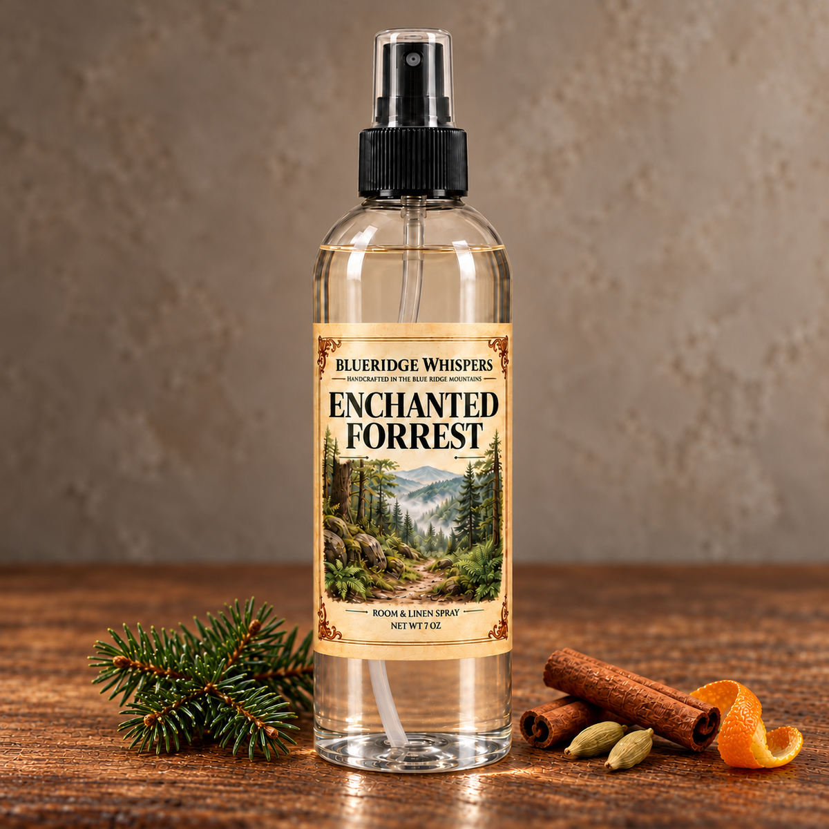 Enchanted Forrest Room & Fabric Spray in a neutral rustic indoor setting with scent accents