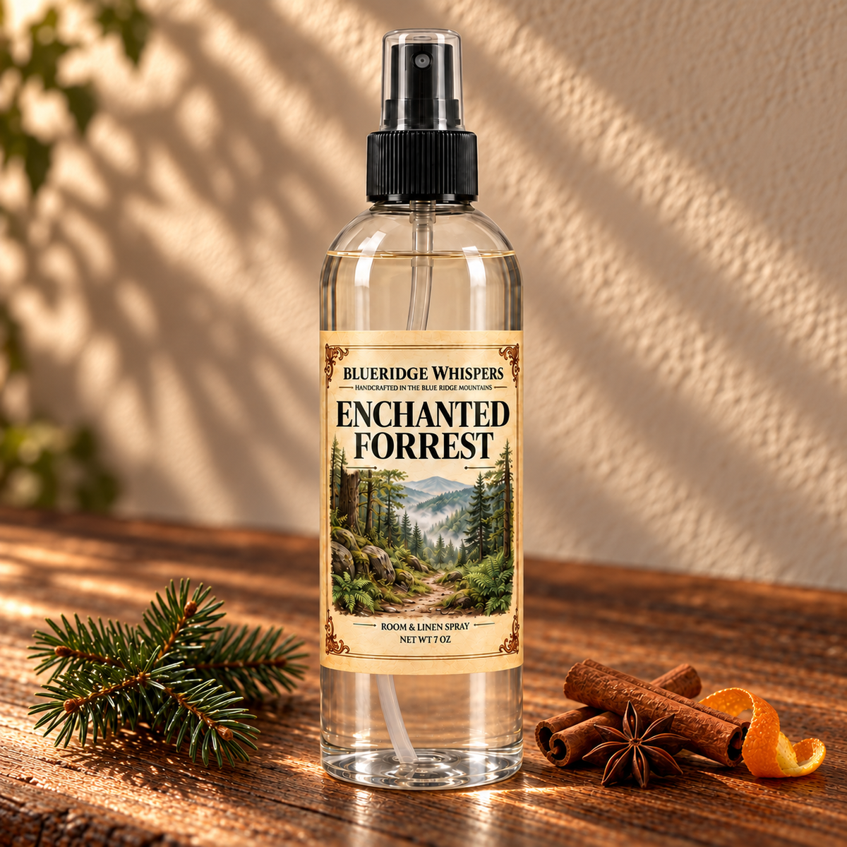 Enchanted Forrest Room & Fabric Spray on a dark rustic wooden table with scent accents in warm natural light.