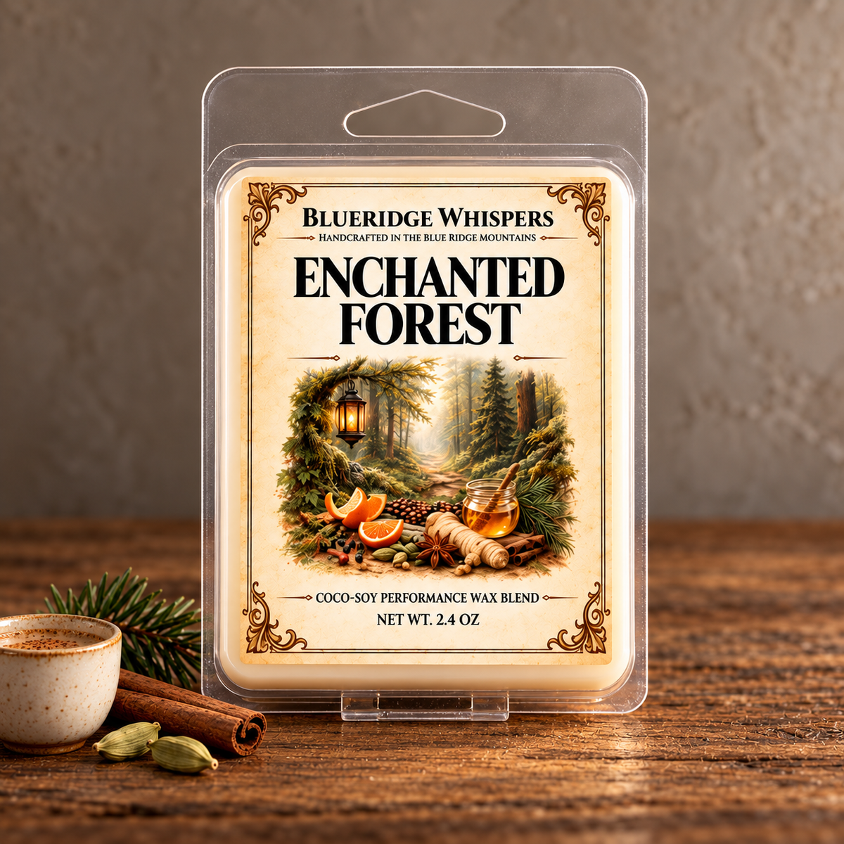 Enchanted Forest Soy Wax Melts on weathered wood against a neutral plaster wall with scent accents.