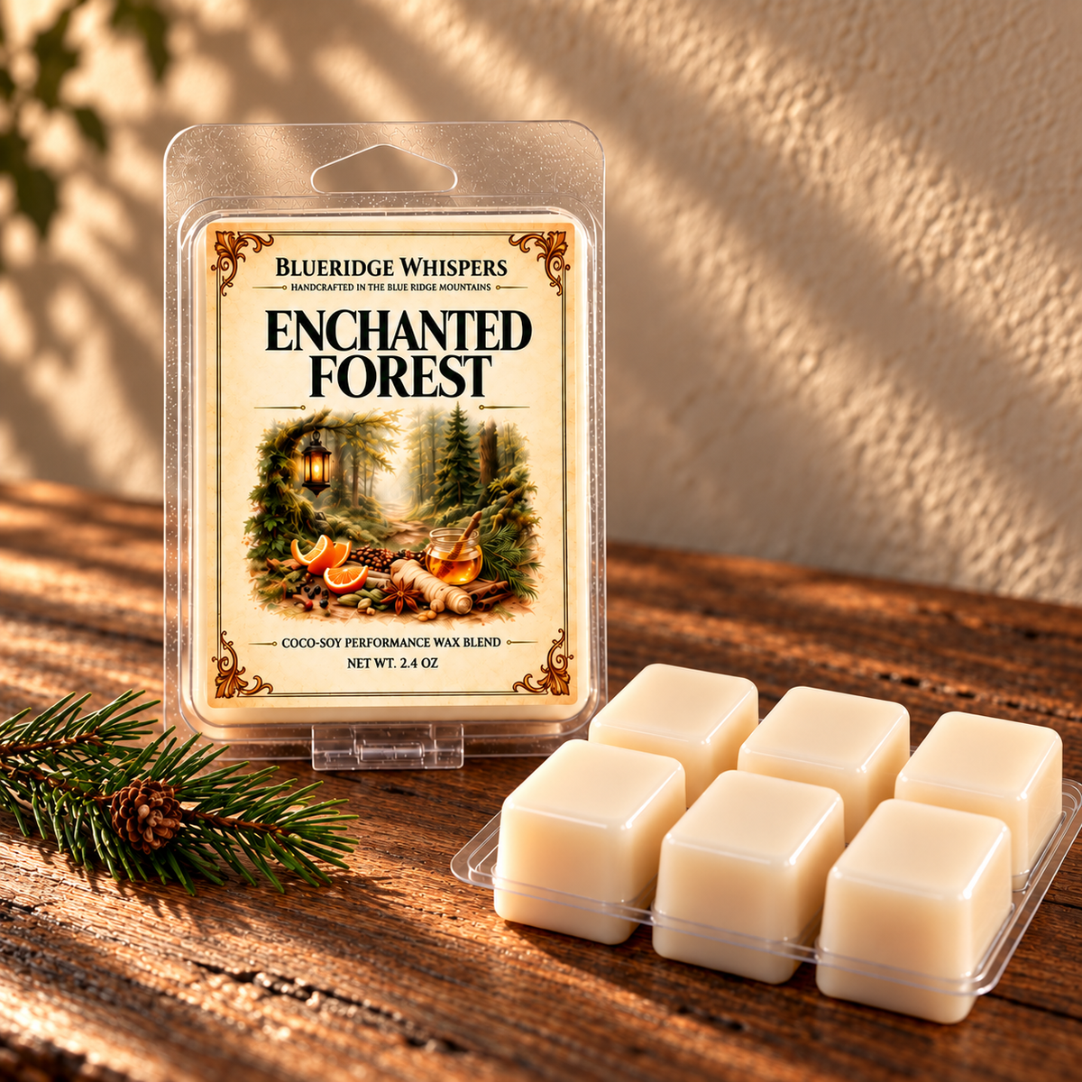 Enchanted Forest Soy Wax Melts on a dark rustic wooden table with scent accents in warm natural light.