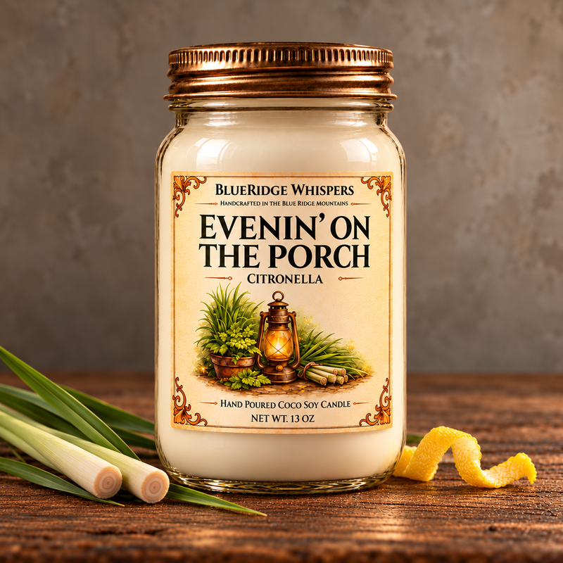 Evenin’ on the Porch – Citronella Coco-Soy Candle on weathered wood against a neutral plaster wall with small scent accents.