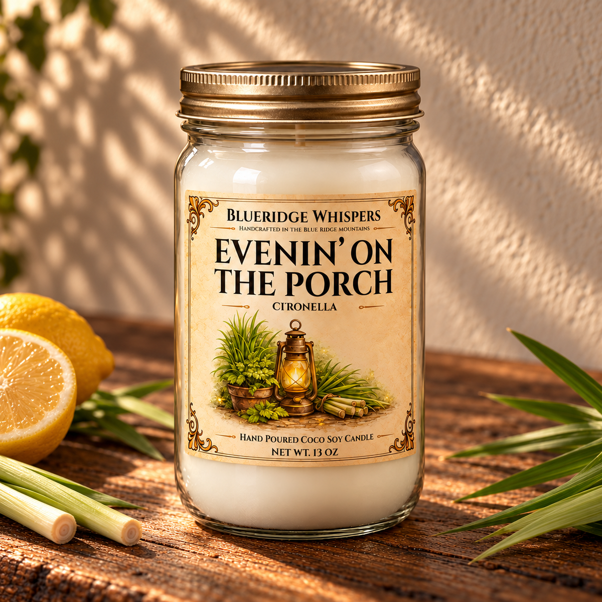 Evenin’ on the Porch – Citronella Coco-Soy Candle on a dark rustic wooden table with scent accents in warm natural light.
