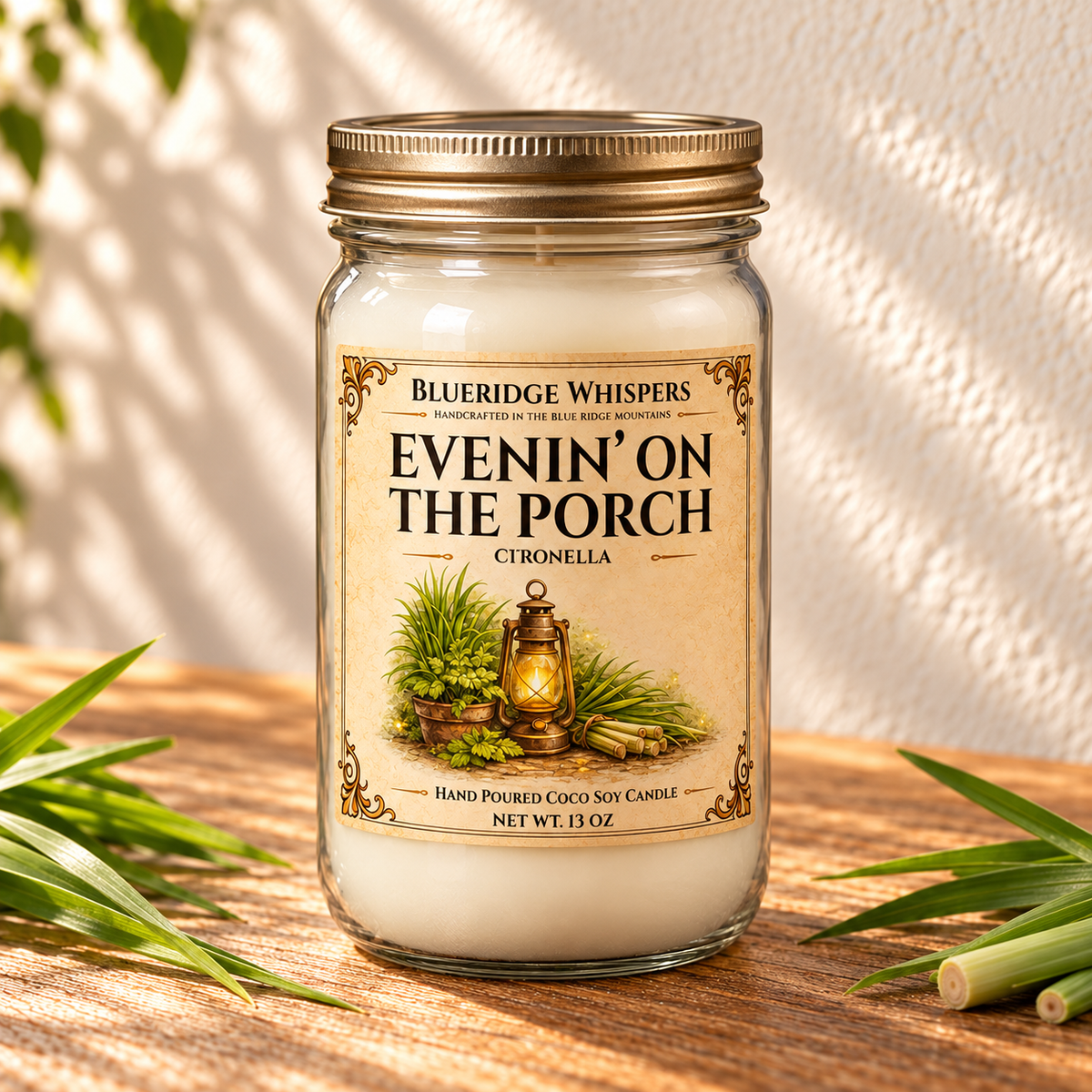 Evenin’ on the Porch – Citronella Coco-Soy Candle in a tall gold-lidded mason jar on sunlit wood with scent accents.