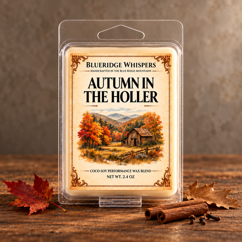 Autumn In The Holler Wax Melts on weathered wood against a neutral plaster wall with scent accents.
