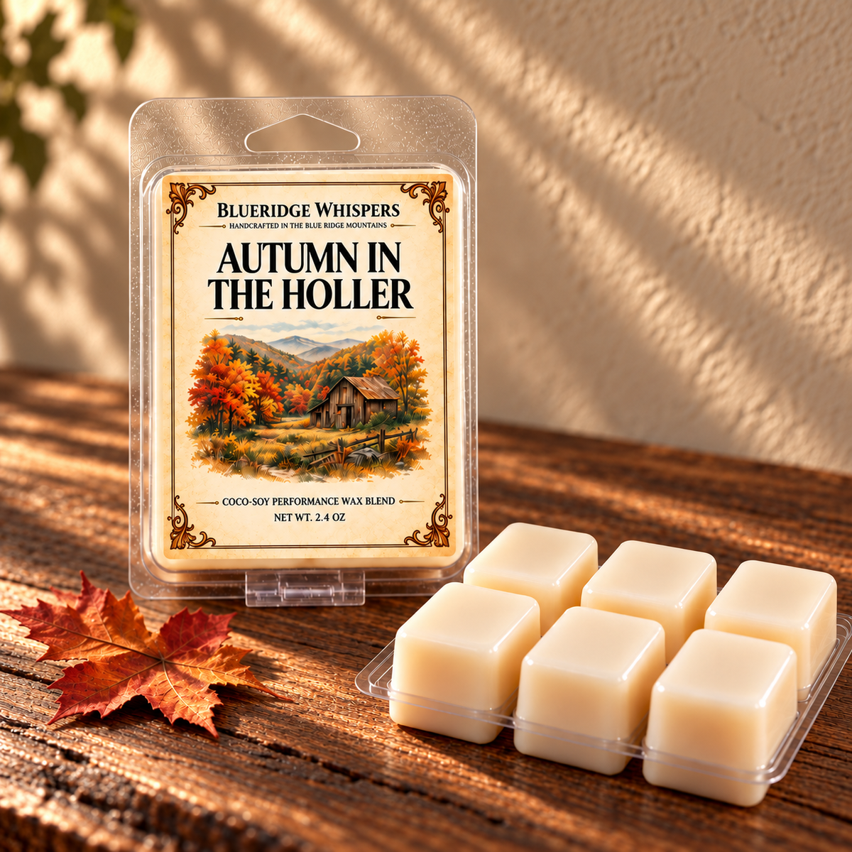 Autumn In The Holler on a dark rustic wooden table with scent accents in warm natural light.