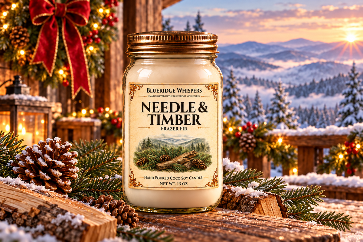 Needle and Timber candle in a festive winter Appalachian porch scene with snowy mountains.