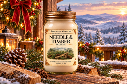Needle and Timber candle in a festive winter Appalachian porch scene with snowy mountains.