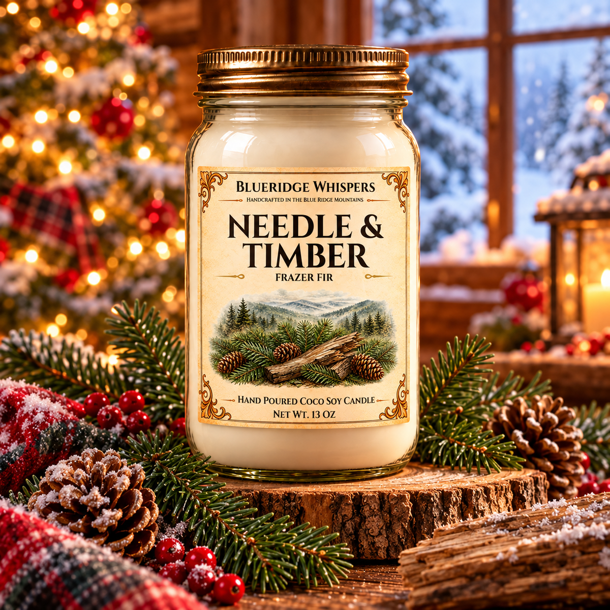 Needle and Timber candle in a festive winter Appalachian cabin with Christmas tree and snowy window.