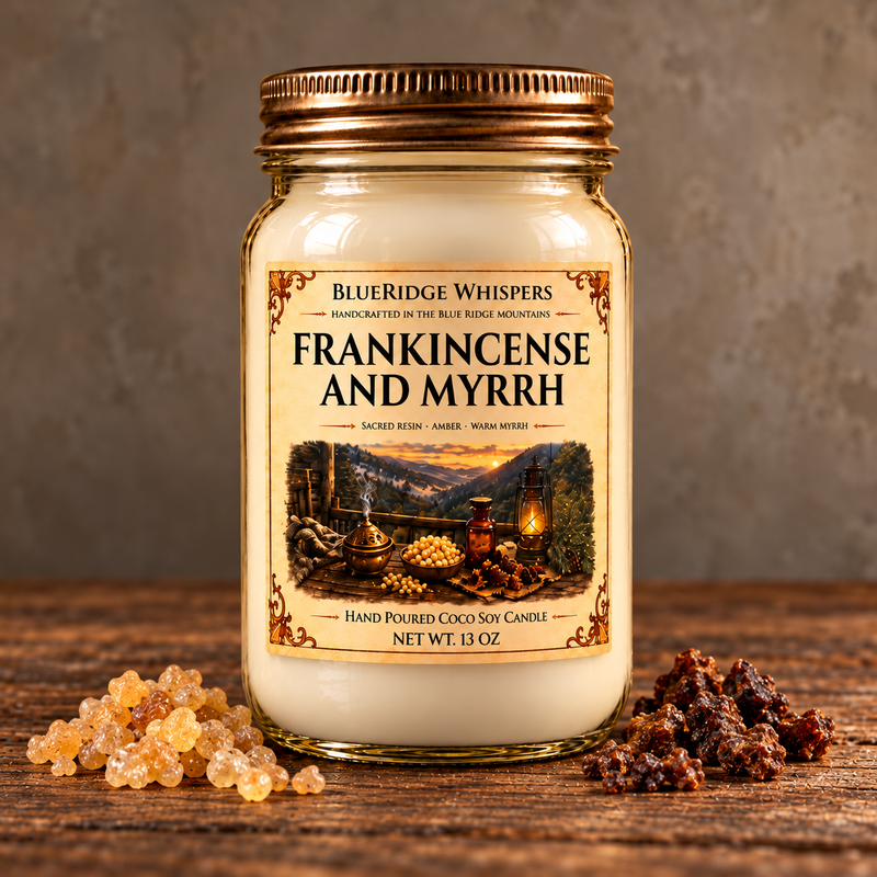 Frankincense & Myrrh – Resinous Coco-Soy Candle on weathered wood against a neutral plaster wall with small scent accents.