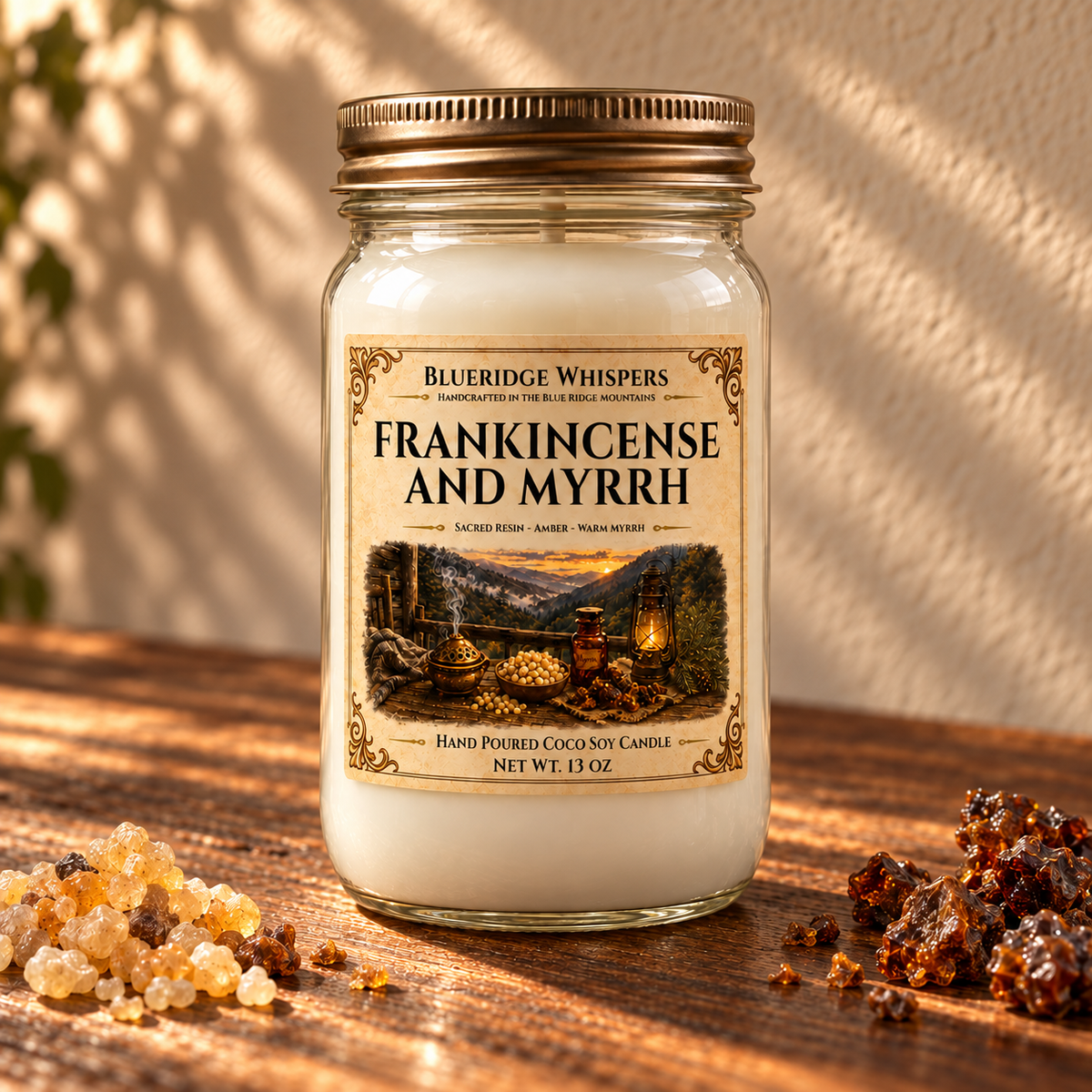 Frankincense & Myrrh – Resinous Coco-Soy Candle on a dark rustic wooden table with scent accents in warm natural light.