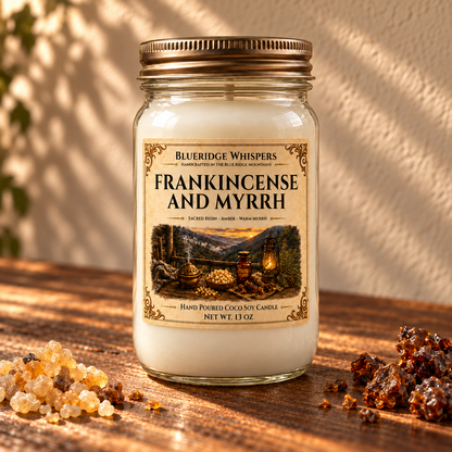 Frankincense & Myrrh – Resinous Coco-Soy Candle on a dark rustic wooden table with scent accents in warm natural light.