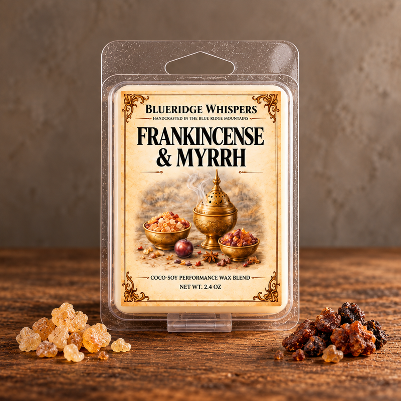 Frankincense and Myrrh - Wax Melts on weathered wood against a neutral plaster wall with scent accents.