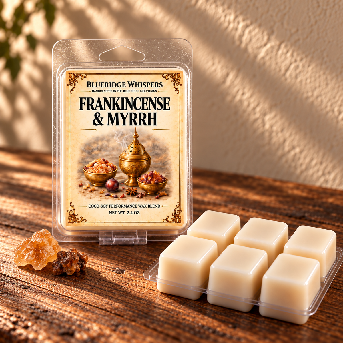 Frankincense and Myrrh - Wax Melts on a dark rustic wooden table with scent accents in warm natural light.