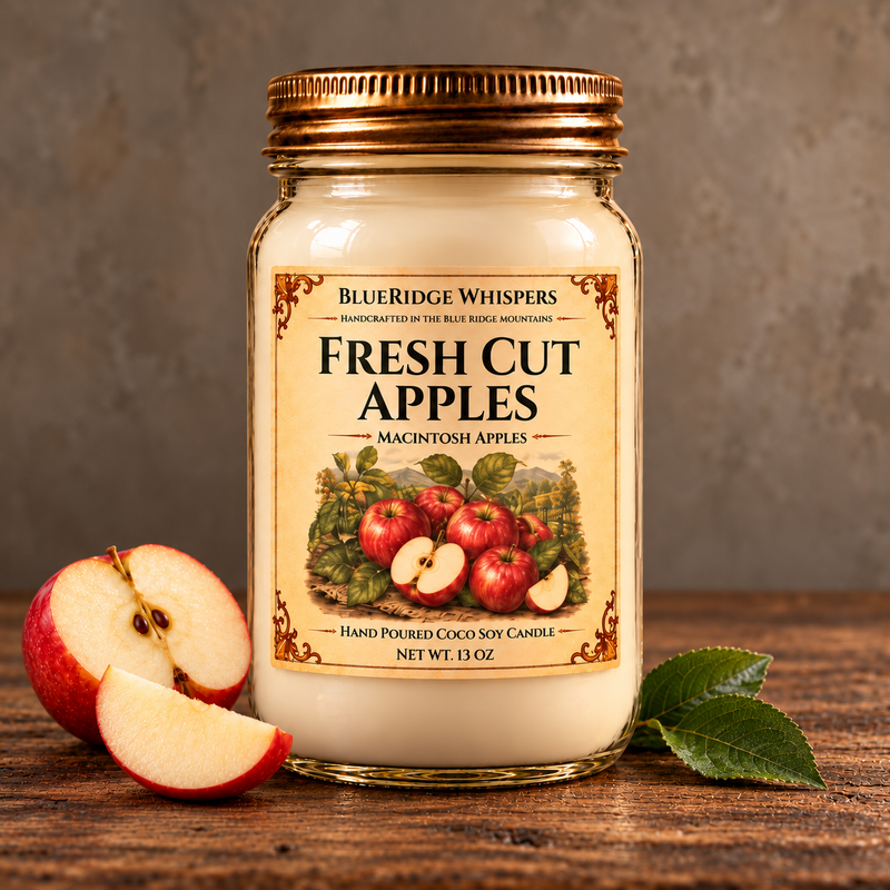 Fresh Cut Apples – Macintosh Apple Coco-Soy Candle on weathered wood against a neutral plaster wall with small scent accents.
