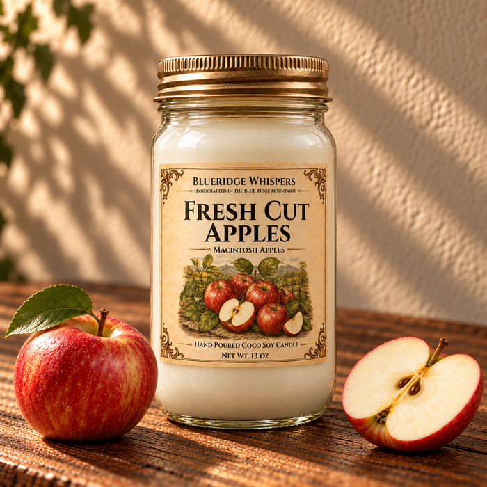 Fresh Cut Apples – Macintosh Apple Coco-Soy Candle on a dark rustic wooden table with scent accents in warm natural light.
