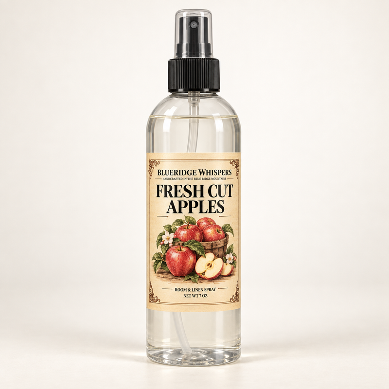 Fresh Cut Apples room and fabric spray by BlueRidge Whispers, net weight 7 oz, clear bottle with black fine-mist sprayer and parchment label.