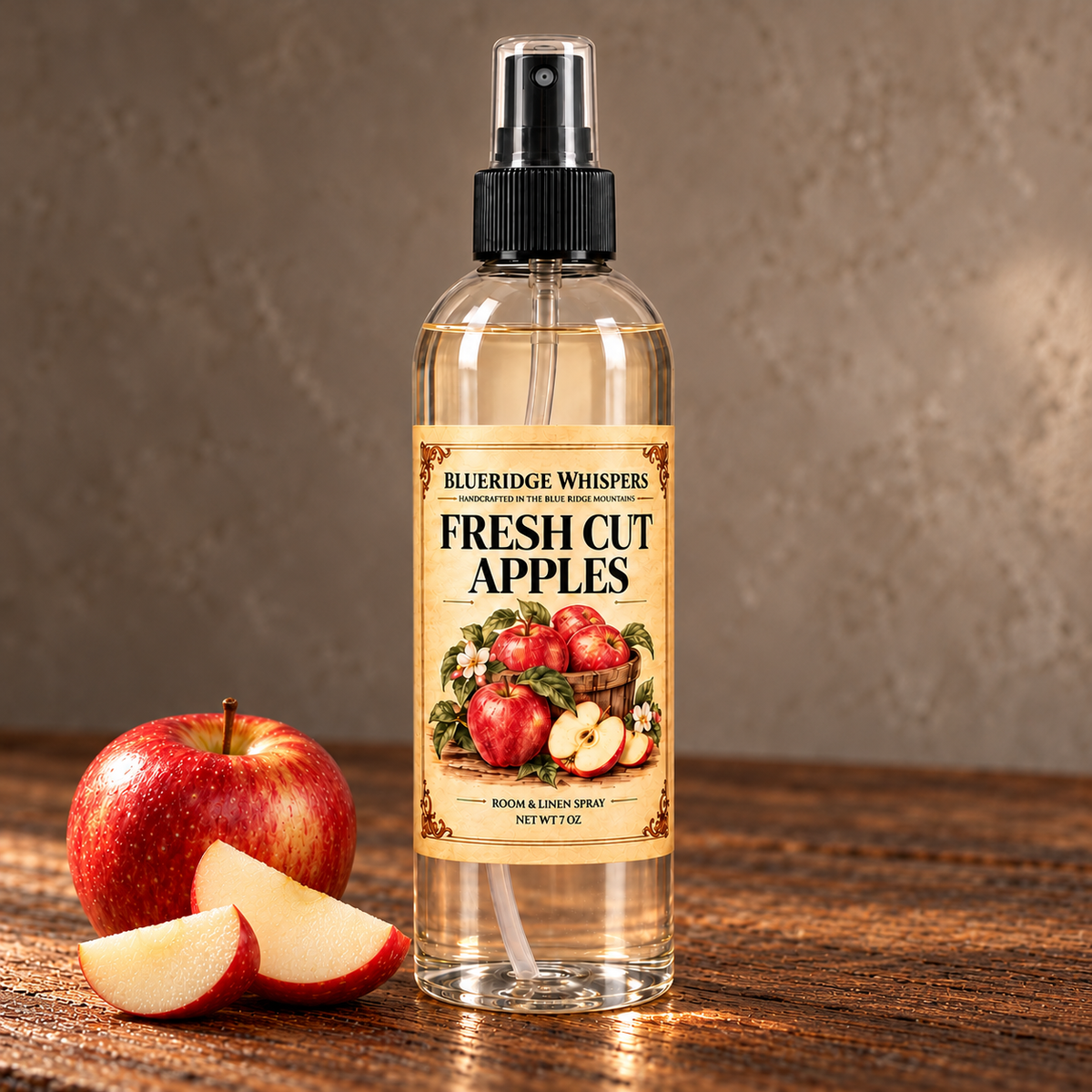 Fresh Cut Apples Room & Fabric Spray in a neutral rustic indoor setting with scent accents