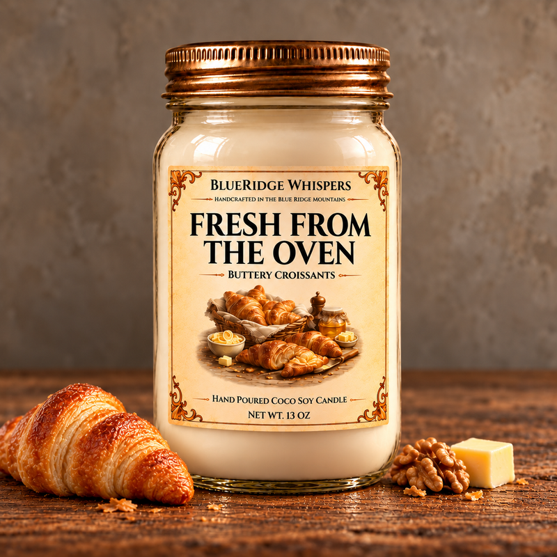 Fresh From the Oven – Warm Croissant Coco-Soy Candle on weathered wood against a neutral plaster wall with small scent accents.
