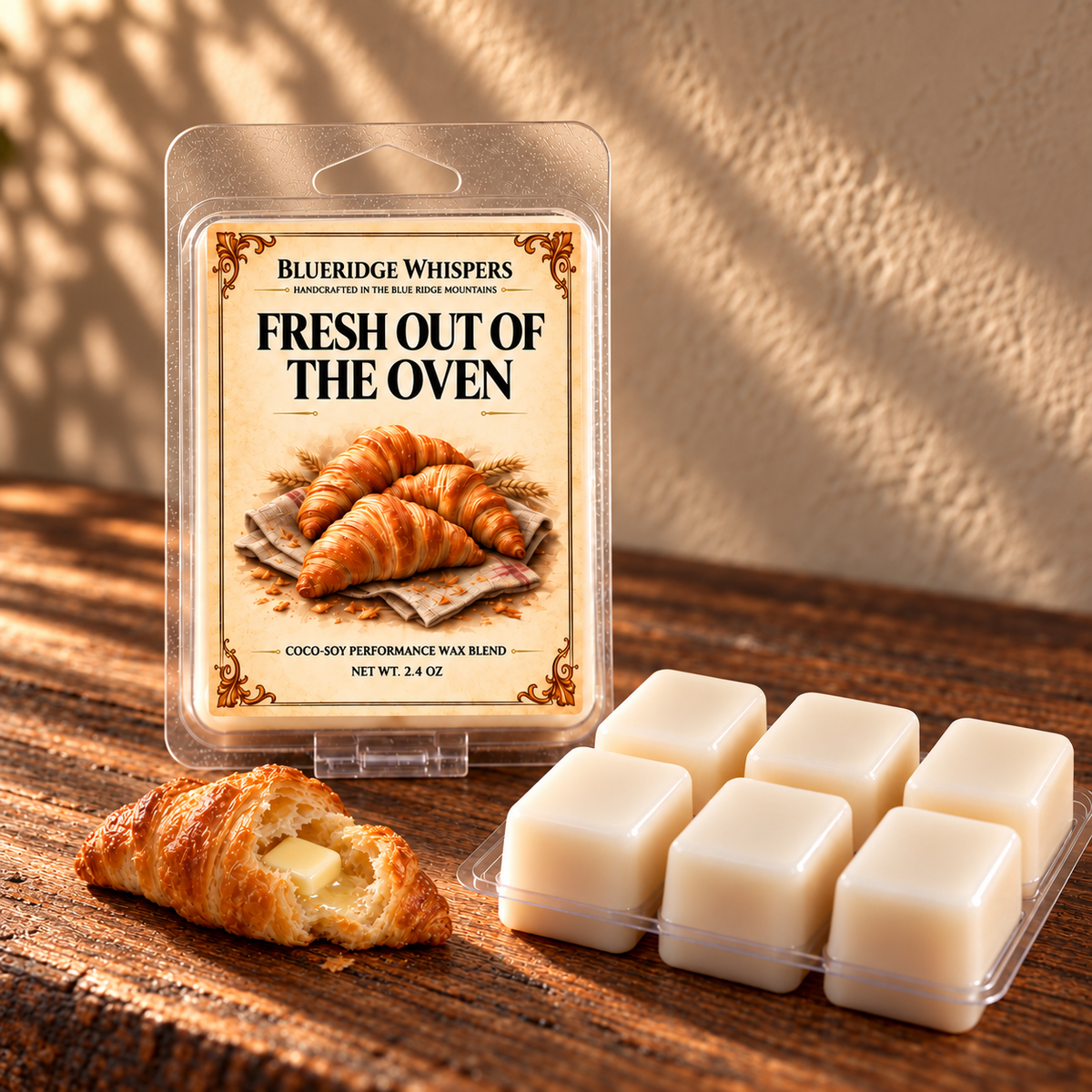 Fresh Out of the Oven on a dark rustic wooden table with scent accents in warm natural light.