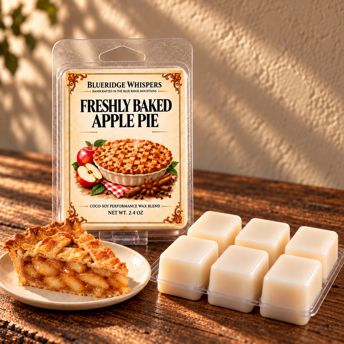 Freshly Baked Apple Pie Soy Wax Melts on a dark rustic wooden table with scent accents in warm natural light.
