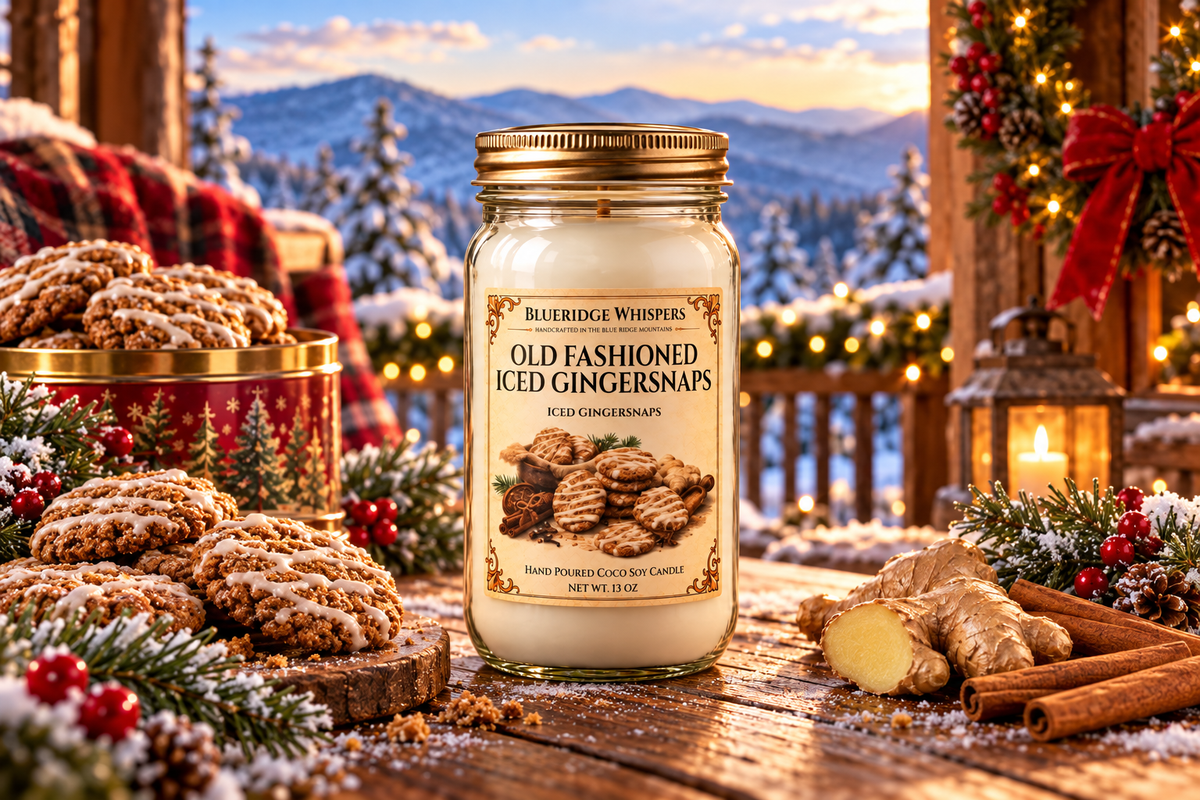 Old Fashioned Gingersnaps candle in a festive winter Appalachian porch scene with snowy mountains.