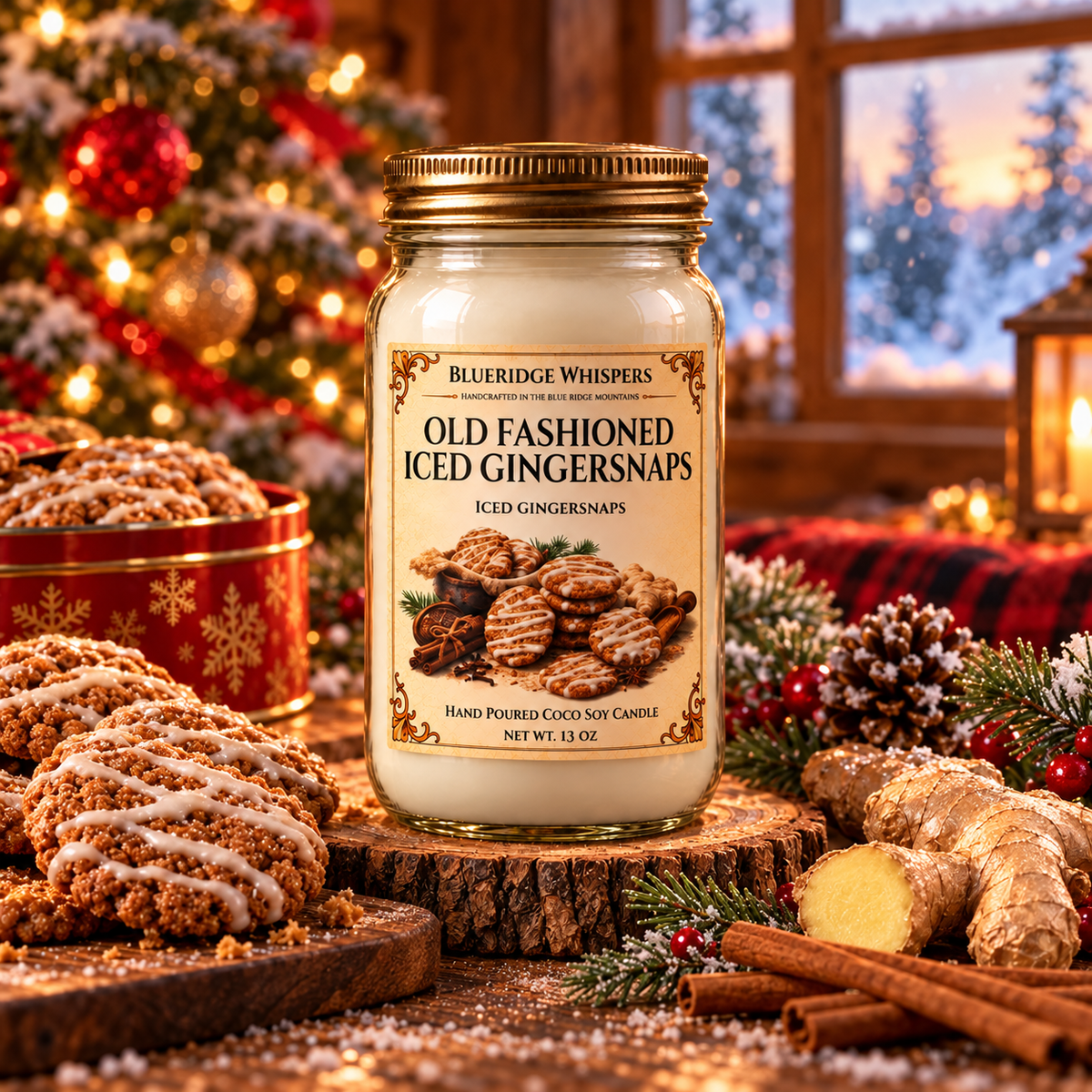 Old Fashioned Gingersnaps candle in a festive winter Appalachian cabin with Christmas tree and snowy window.