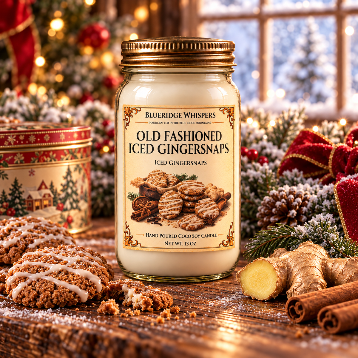 Old Fashioned Gingersnaps candle in a festive winter Appalachian product portrait with holiday greenery.