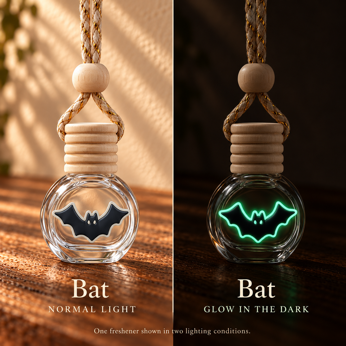 Bat Halloween car freshener shown in normal light and glowing in the dark; two views of one freshener.
