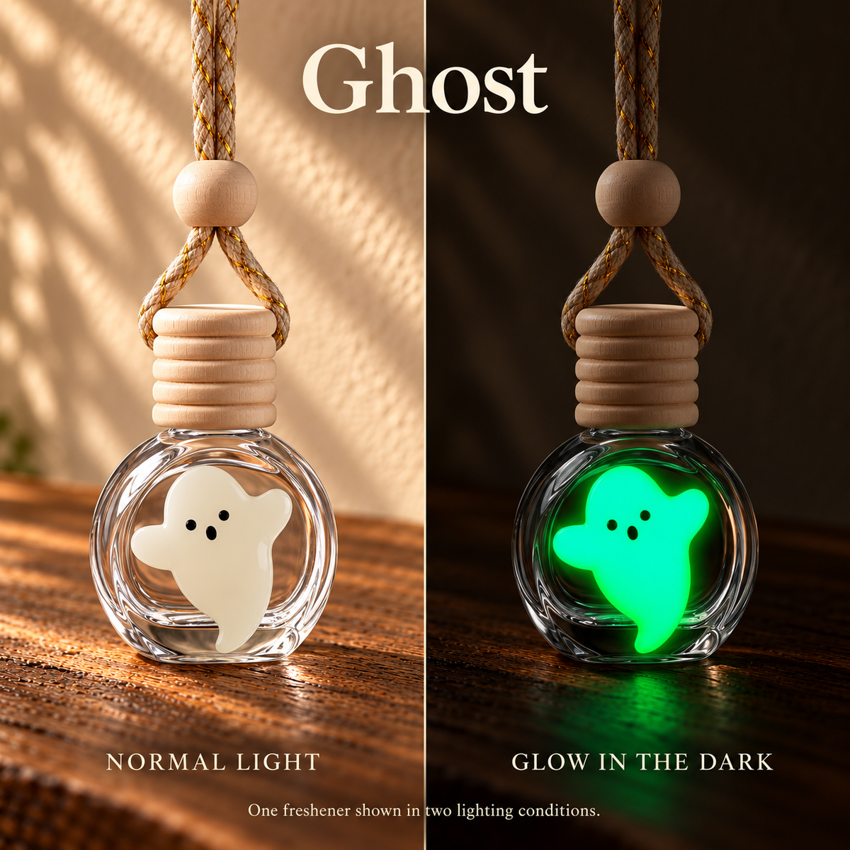 Ghost Halloween car freshener shown in normal light and glowing in the dark; two views of one freshener.