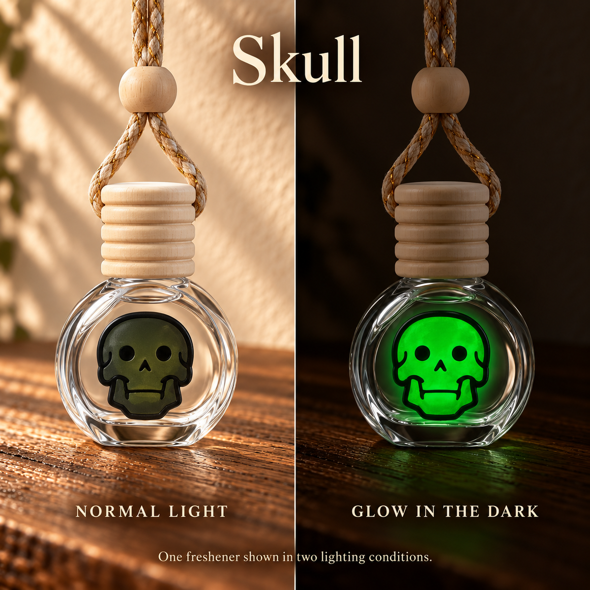 Skull Halloween car freshener shown in normal light and glowing in the dark; two views of one freshener.