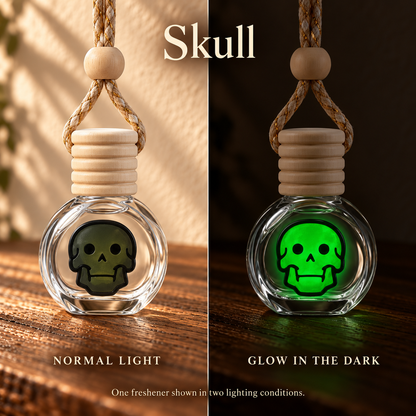 Skull Halloween car freshener shown in normal light and glowing in the dark; two views of one freshener.