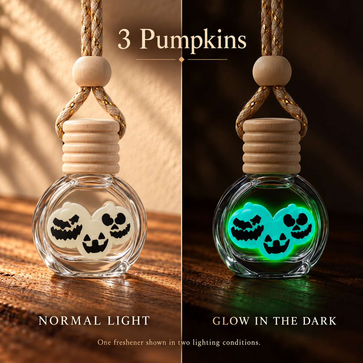 3 Pumpkins Halloween car freshener shown in normal light and glowing in the dark; two views of one freshener.