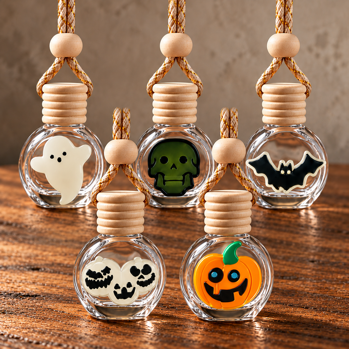 Halloween GLOW in the Dark Hanging Car Freshener in a neutral rustic indoor setting