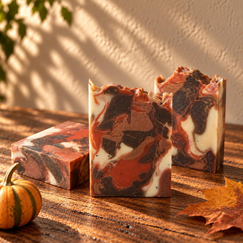 Harvest Pumpkin Handmade Soap on a dark rustic wooden table with scent accents in warm natural light.