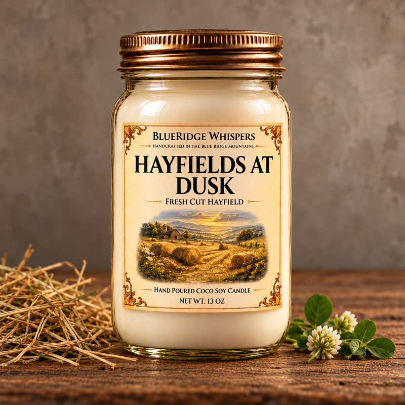 Hayfield at Dusk – Fresh Hay Coco-Soy Candle on weathered wood against a neutral plaster wall with small scent accents.