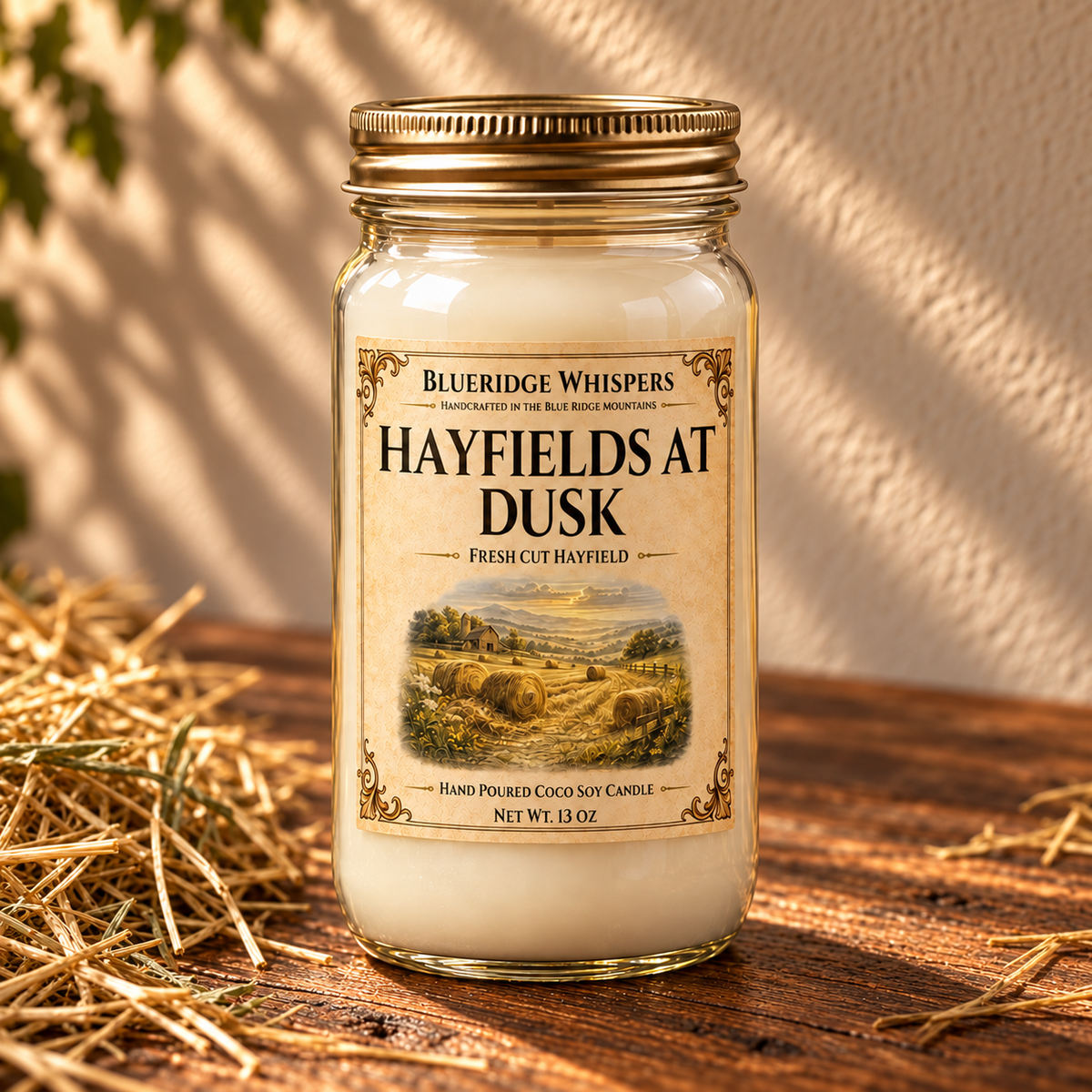 Hayfield at Dusk – Fresh Hay Coco-Soy Candle on a dark rustic wooden table with scent accents in warm natural light.