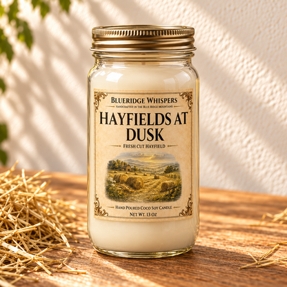 Hayfield at Dusk – Fresh Hay Coco-Soy Candle in a tall gold-lidded mason jar on sunlit wood with scent accents.