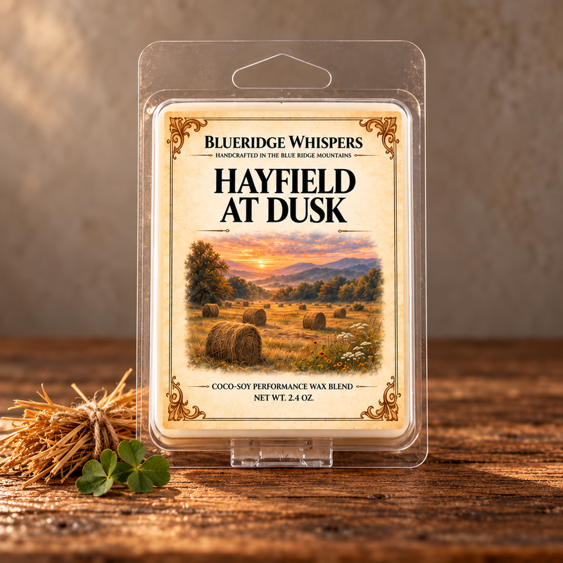 Hayfield at Dusk – Hand Poured Soy Wax Melts on weathered wood against a neutral plaster wall with scent accents.