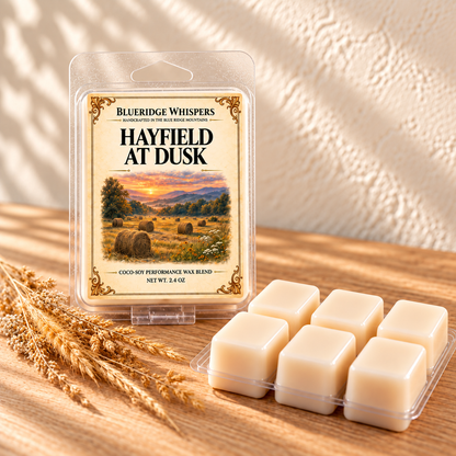 Hayfield at Dusk – Hand Poured Soy Wax Melts — minimal main photo with current label