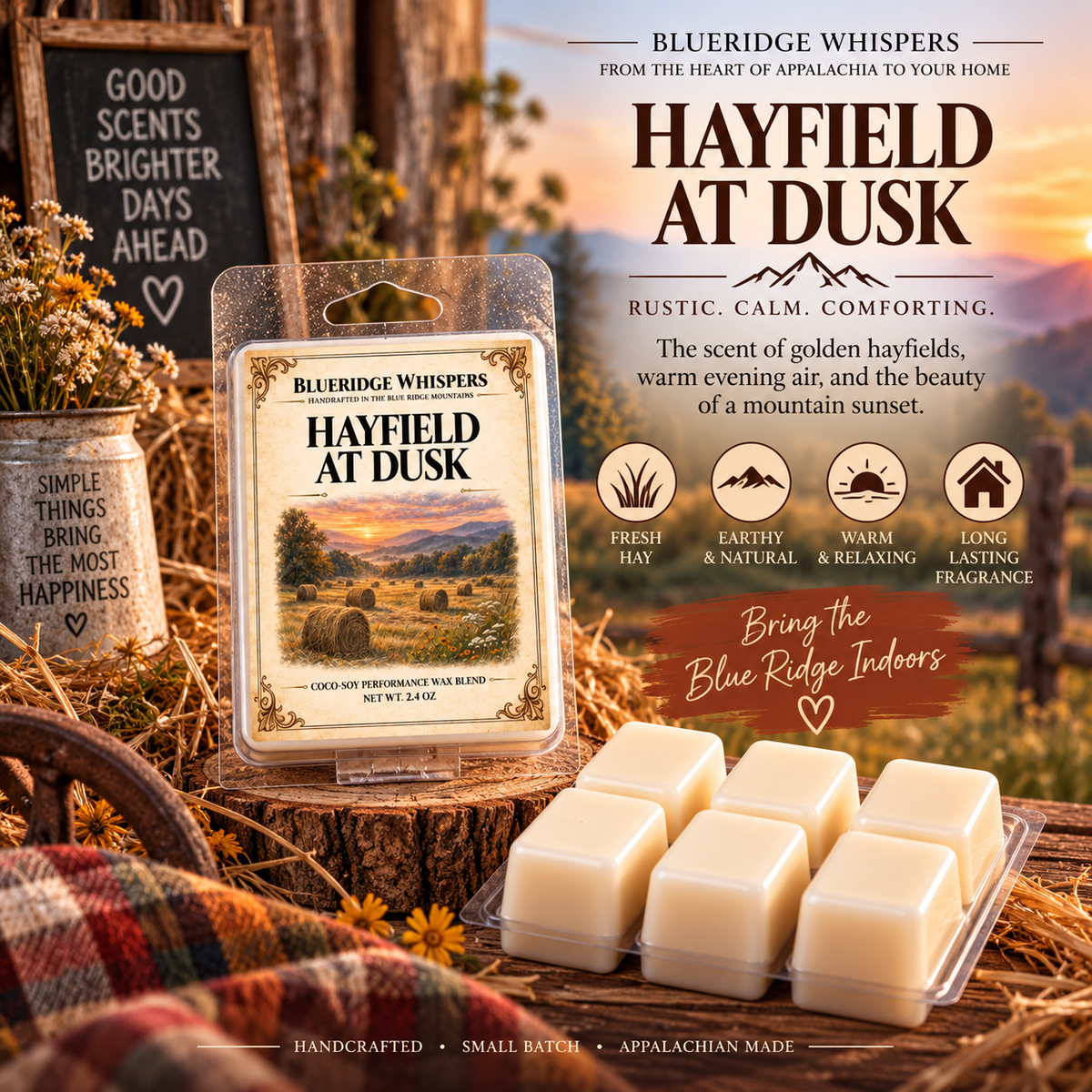 Hayfield at Dusk – Hand Poured Soy Wax Melts — Blue Ridge Whispers wax melt product photo