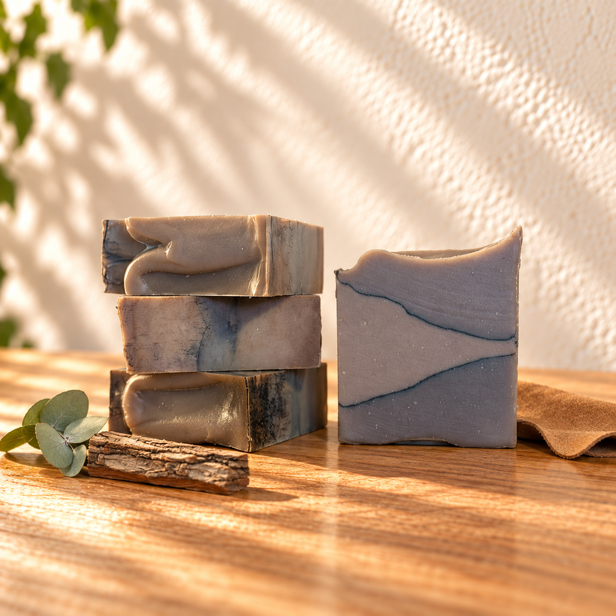 Hickory & Suede Handcrafted Soap showing the handcrafted bar design on sunlit wood with simple scent accents against an ivory wall.
