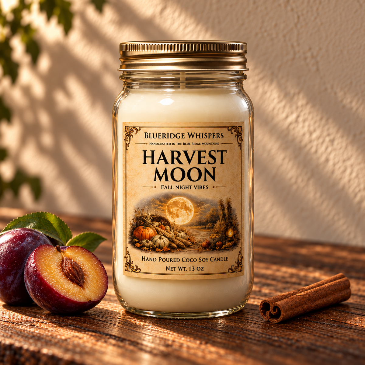 Hollow Harvest Moon – Plum & Smoke Coco-Soy Candle on a dark rustic wooden table with scent accents in warm natural light.